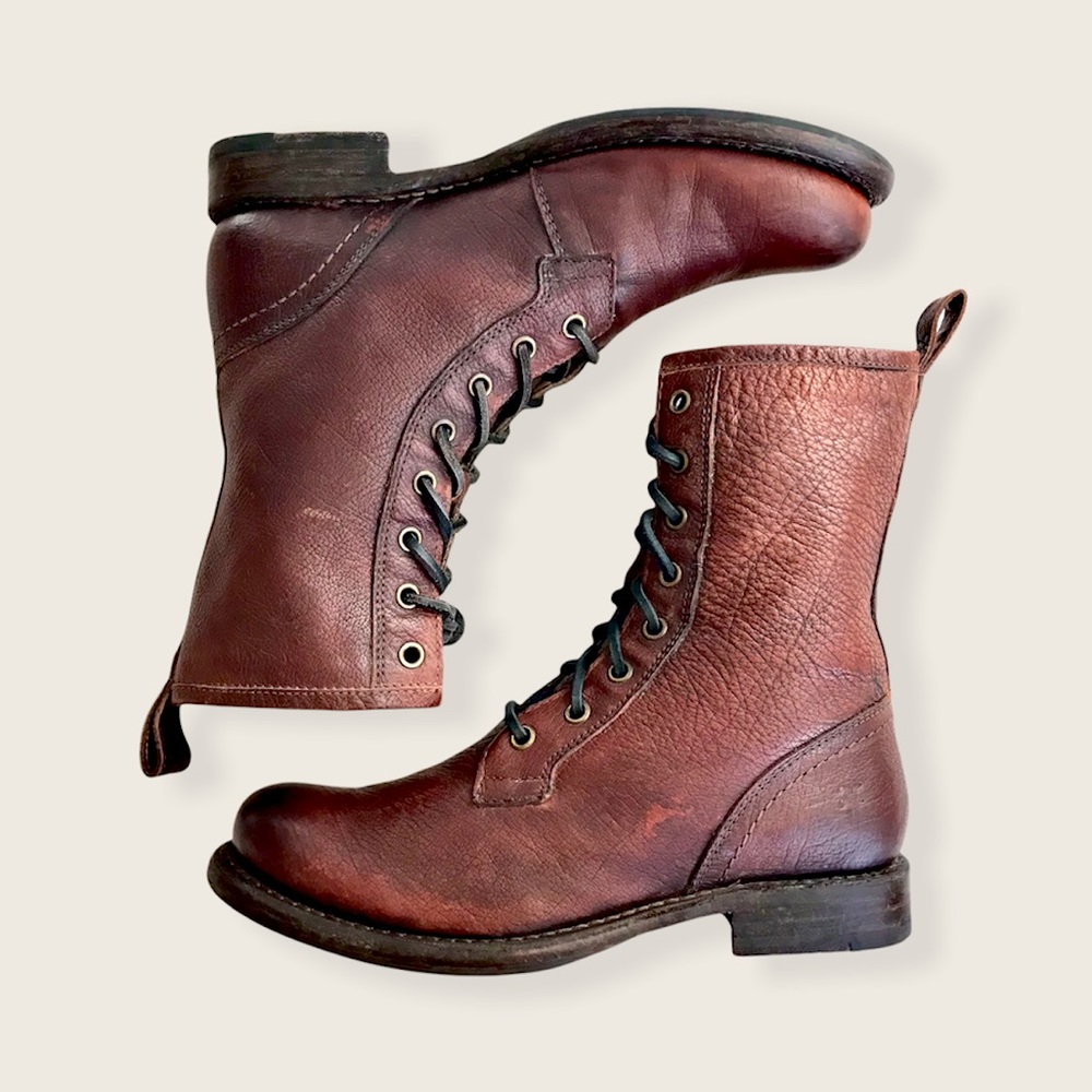 Frye Veronica Combat Dark Brown Leather Lace Up Boots - Picture 4 of 16